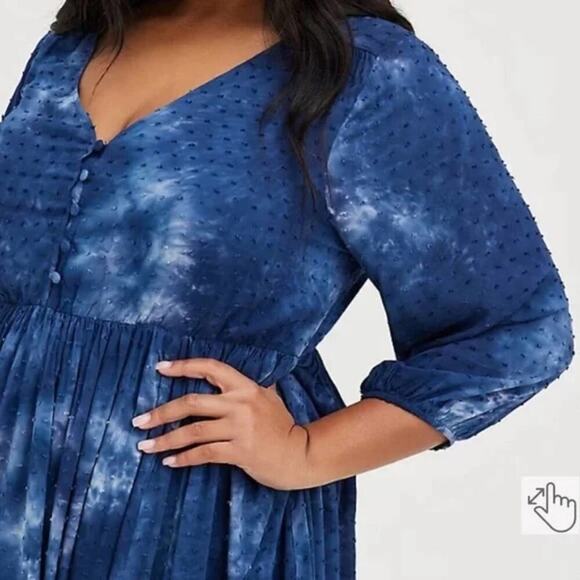 Torrid Tea-Length Chiffon Clip Dot Blue Tie Dye Midi Dress Plus Size 1 1X new!!! - Picture 7 of 13